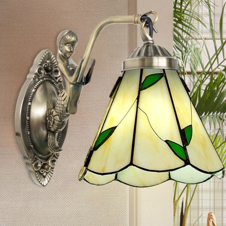 BowLift | 1 Head Cone-shaped Wall Sconces Lighting Mission White/Beige Glass Wall-mounted Light Set with Mermaid Backplate