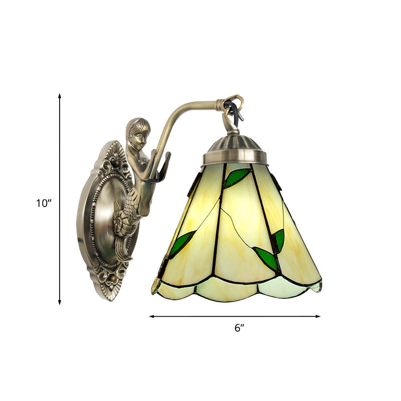 BowLift | 1 Head Cone-shaped Wall Sconces Lighting Mission White/Beige Glass Wall-mounted Light Set with Mermaid Backplate