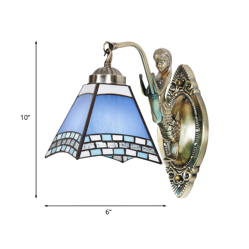 BowLift | Trapeze Wall Lamp Mission Blue Cut Glass 1-Light Bronze Wall Mount Lamp with Mermaid Arm