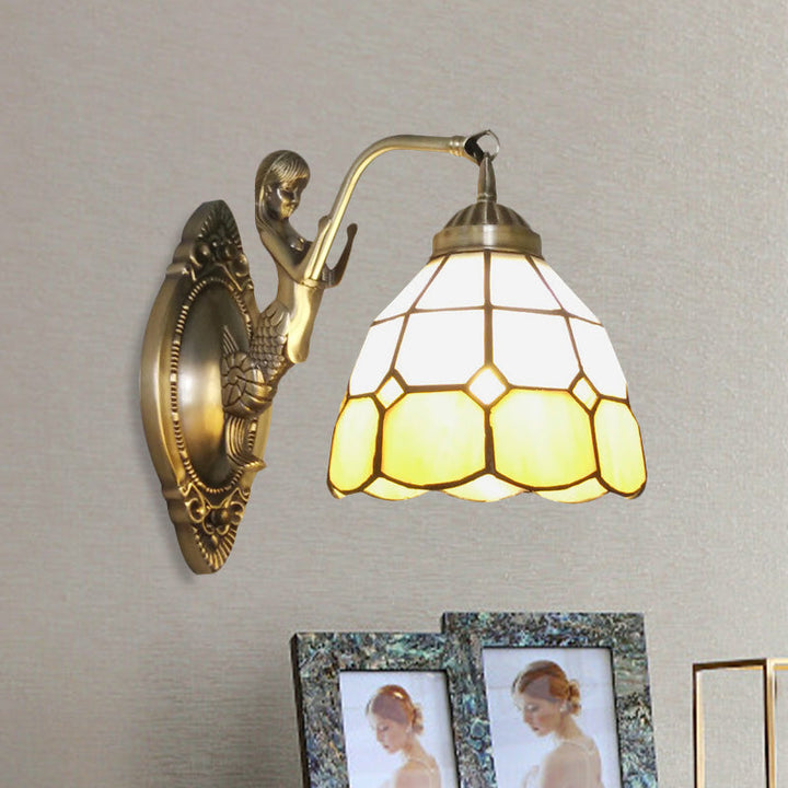 BowLift | 1 Bulb Living Room Wall Mounted Light Baroque Bronze Mermaid Wall Lamp with Grid Dome Dark/Richtersky Blue and White Glass Shade