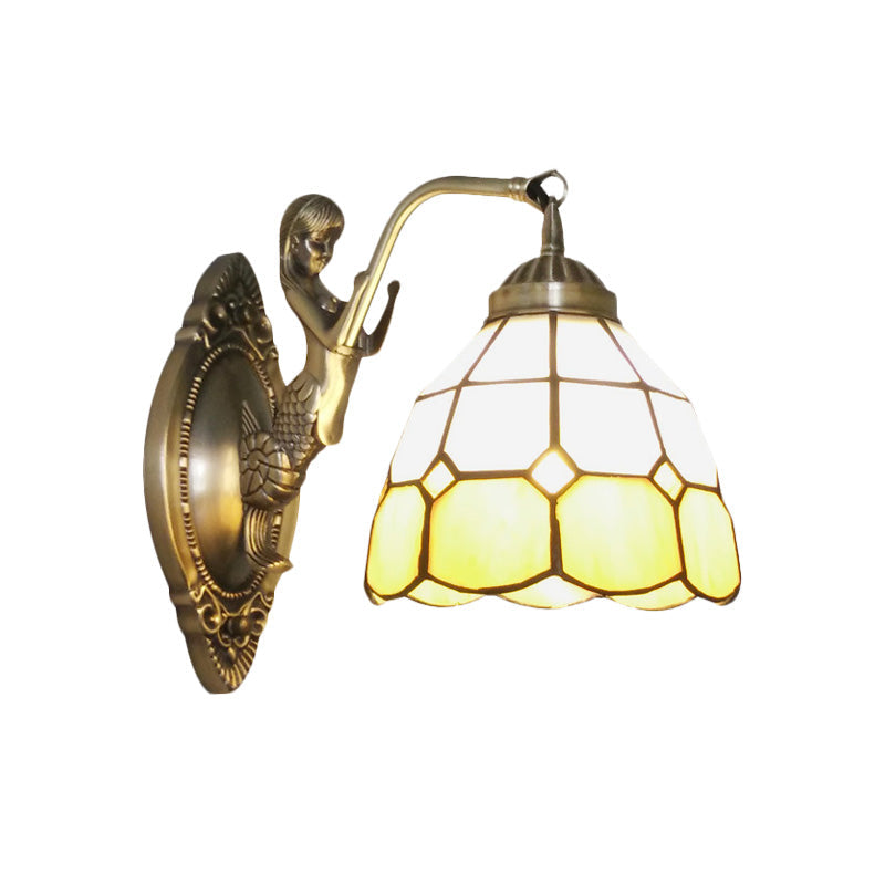 BowLift | 1 Bulb Living Room Wall Mounted Light Baroque Bronze Mermaid Wall Lamp with Grid Dome Dark/Richtersky Blue and White Glass Shade