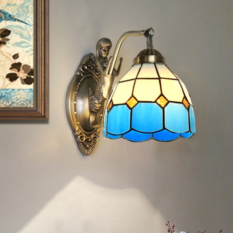 BowLift | 1 Bulb Living Room Wall Mounted Light Baroque Bronze Mermaid Wall Lamp with Grid Dome Dark/Richtersky Blue and White Glass Shade