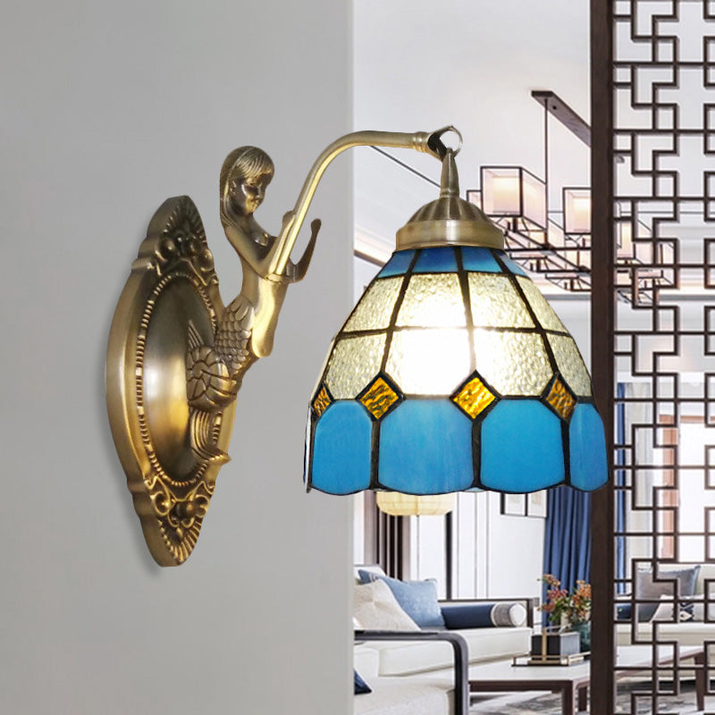 BowLift | 1 Bulb Living Room Wall Mounted Light Baroque Bronze Mermaid Wall Lamp with Grid Dome Dark/Richtersky Blue and White Glass Shade