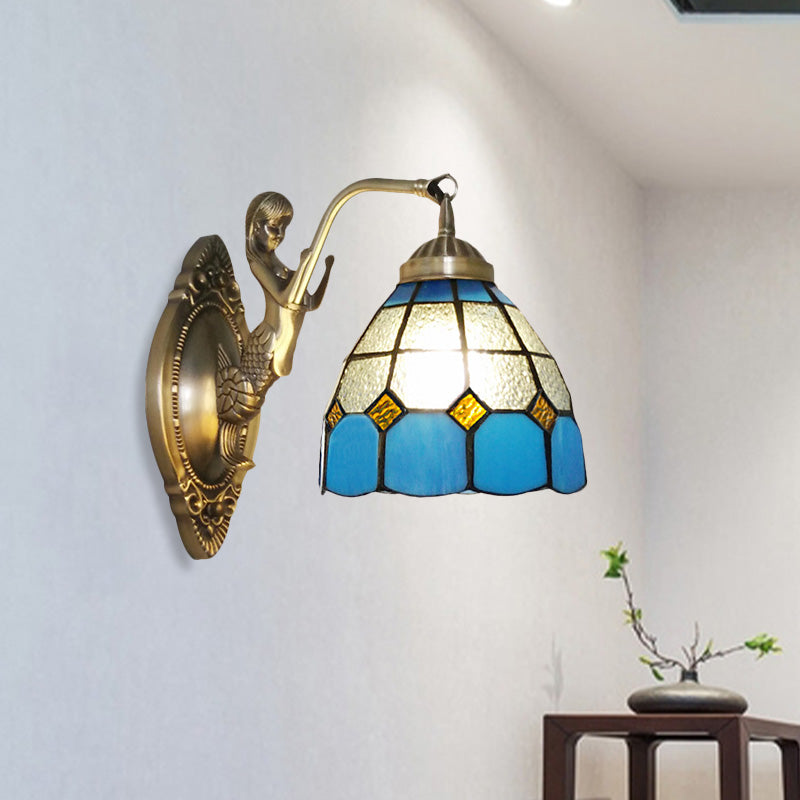 BowLift | 1 Bulb Living Room Wall Mounted Light Baroque Bronze Mermaid Wall Lamp with Grid Dome Dark/Richtersky Blue and White Glass Shade