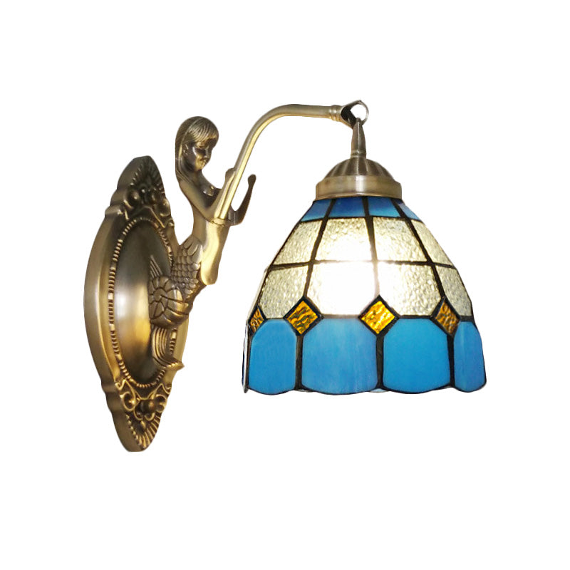 BowLift | 1 Bulb Living Room Wall Mounted Light Baroque Bronze Mermaid Wall Lamp with Grid Dome Dark/Richtersky Blue and White Glass Shade