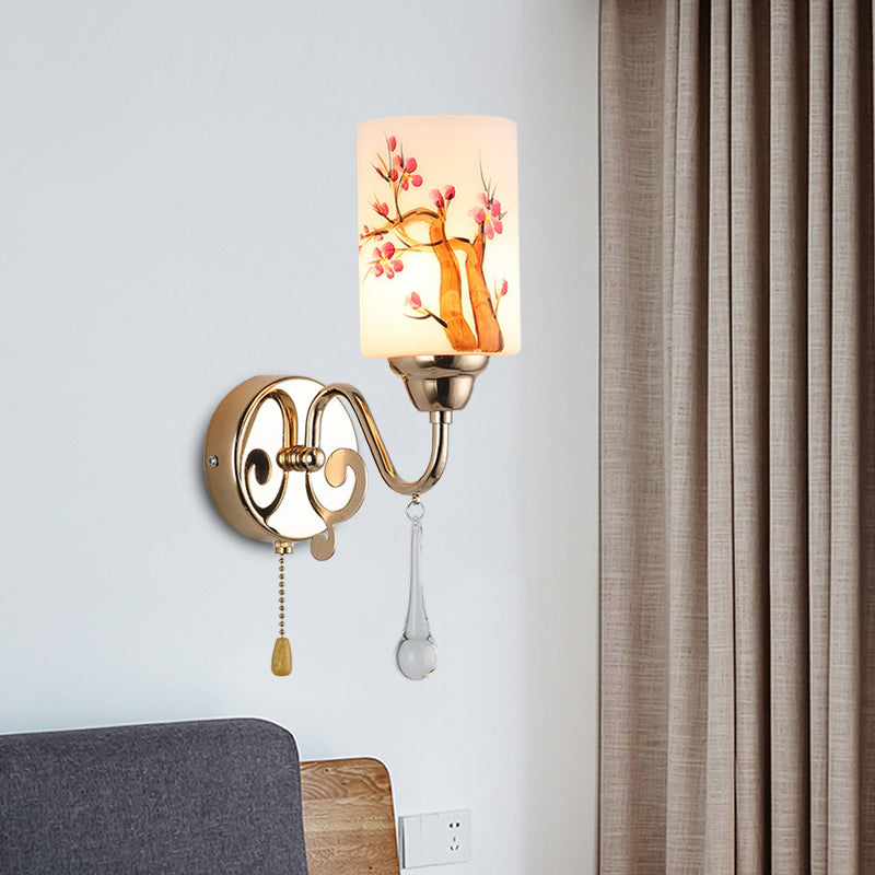 BowLift | Gold Finish Cylindrical Wall Light Idea Modern 1/2-Head Painted Cream Glass Wall Lamp with Pull Chain