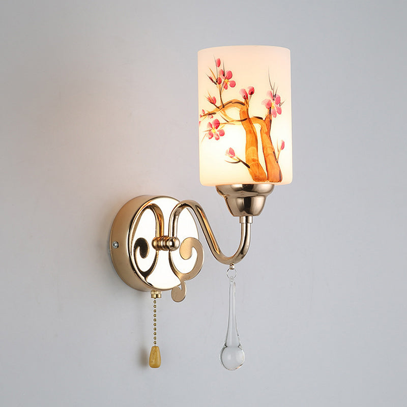 BowLift | Gold Finish Cylindrical Wall Light Idea Modern 1/2-Head Painted Cream Glass Wall Lamp with Pull Chain