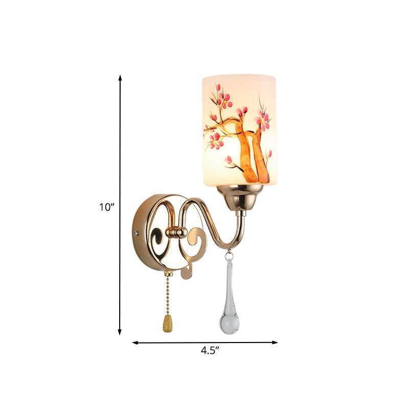 BowLift | Gold Finish Cylindrical Wall Light Idea Modern 1/2-Head Painted Cream Glass Wall Lamp with Pull Chain