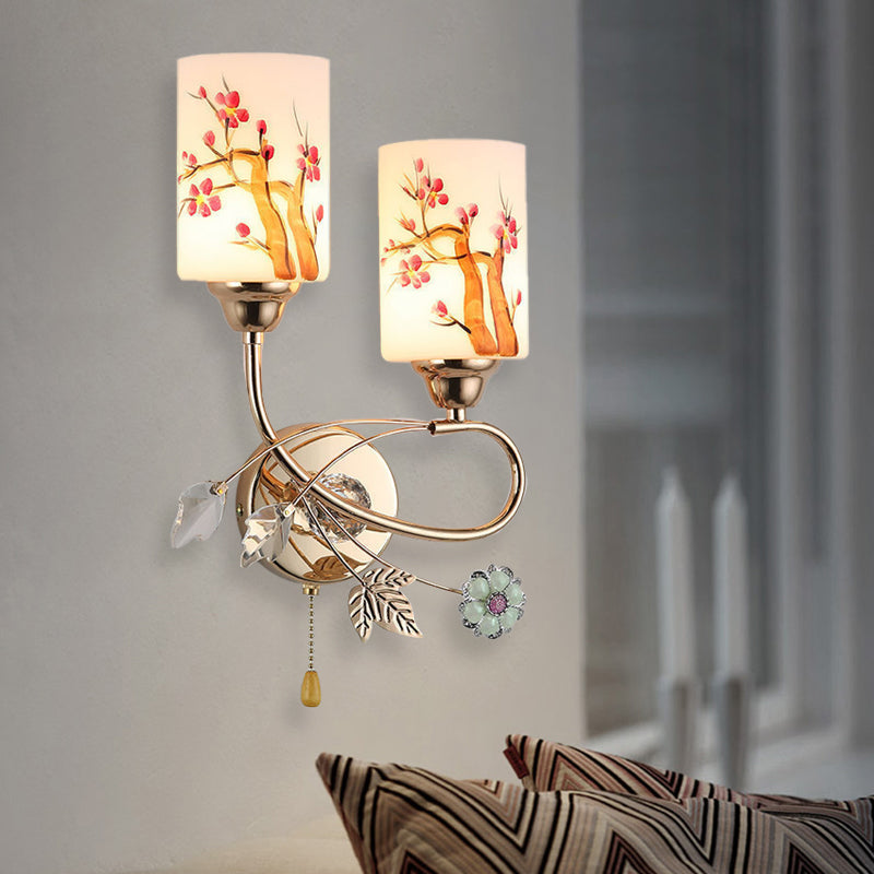 BowLift | Gold Finish Cylindrical Wall Light Idea Modern 1/2-Head Painted Cream Glass Wall Lamp with Pull Chain