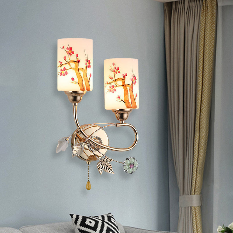 BowLift | Gold Finish Cylindrical Wall Light Idea Modern 1/2-Head Painted Cream Glass Wall Lamp with Pull Chain