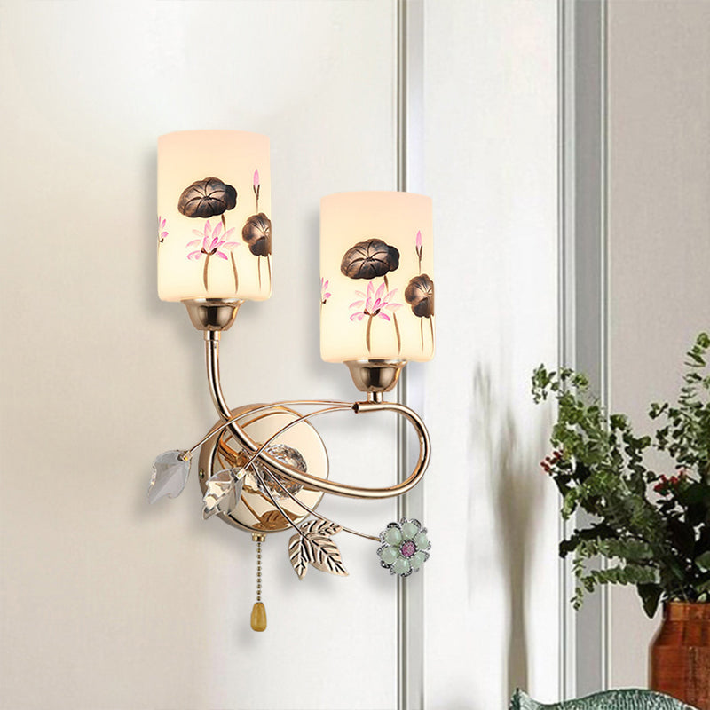 BowLift | Cylinder Wall Light Modernism Lotus Painted Glass 2-Head Gold-Finish Wall Light with Pull Chain
