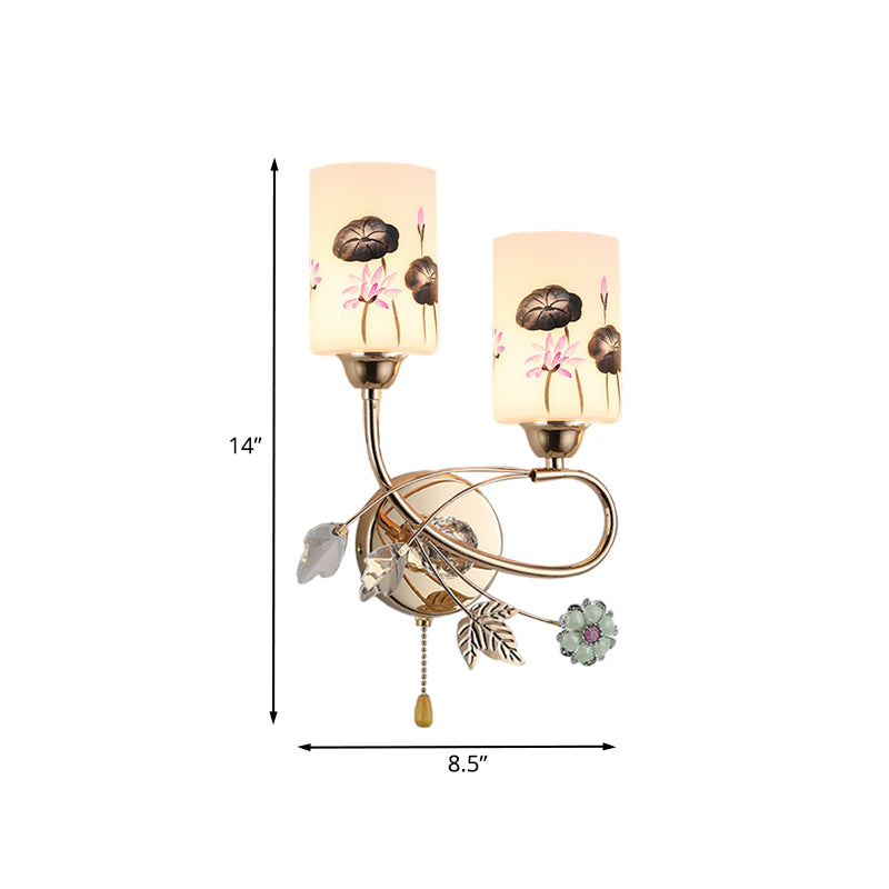 BowLift | Cylinder Wall Light Modernism Lotus Painted Glass 2-Head Gold-Finish Wall Light with Pull Chain