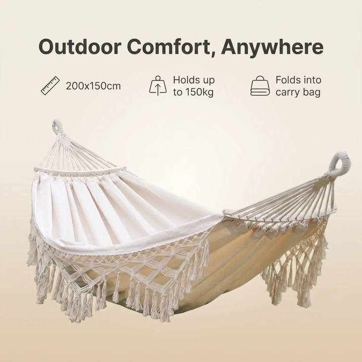 BowLift | 200x150cm Double Outdoor Camping Fringe Canvas Hammock with Pole (White)