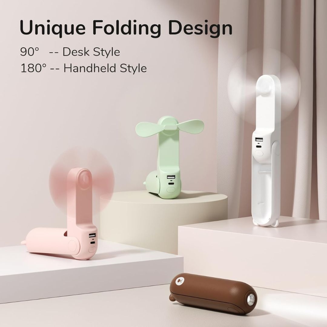 3 In 1 Handheld Mini Fan | USB Rechargeable, Foldable Design & Ideal for Travel, Camping, and Outdoor Activities | Bowlift