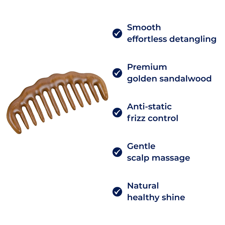 Tooth Hair Comb – Breakage-Free Detangling – Golden Sandalwood – Anti-Static – Gentle Scalp Massage – Healthy Shine Bowlift