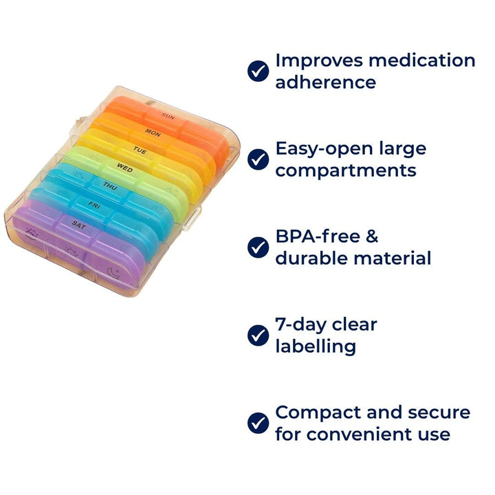 MediTrack | Weekly Pill Organizer – Improves Medication Adherence - Easy‑Open Large Compartments – BPA‑Free Durable – Travel & Seniors Bowlift