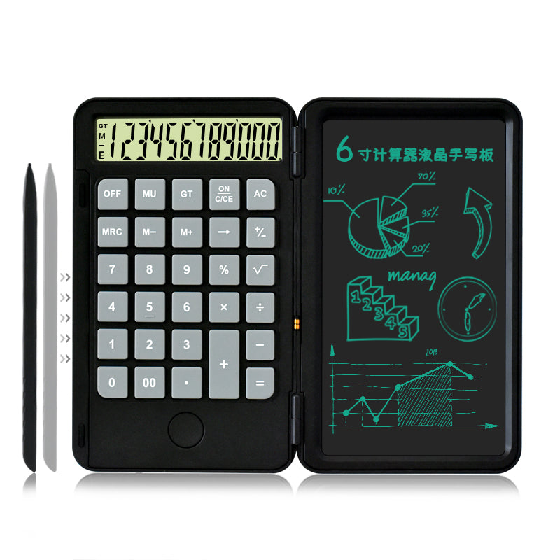 BowLift | 2-in-1 Portable Foldable 10-Digit LCD Display Calculator with 6-Inch Erasable Writing Tablet