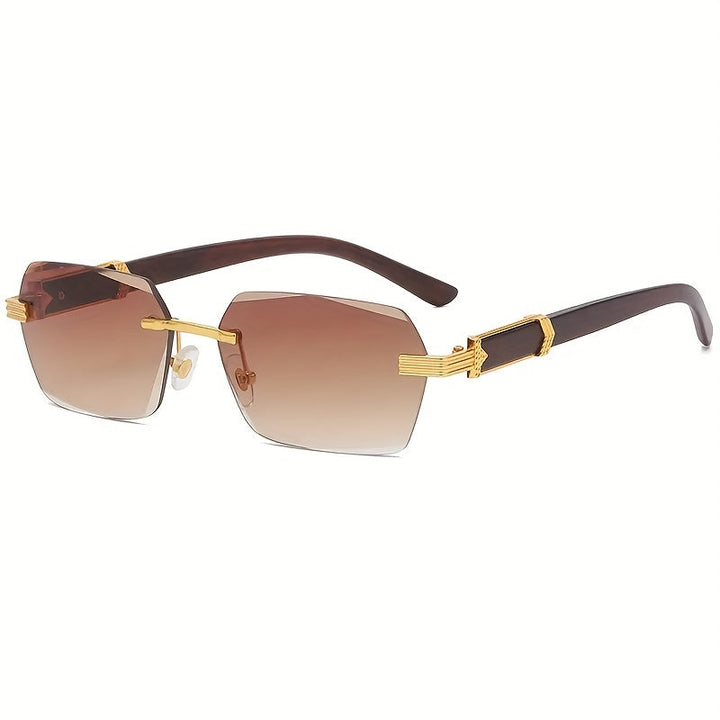 Rimless Sunglasses with Rectangular Lenses and Faux Wood Temples – Verro | Bowlift