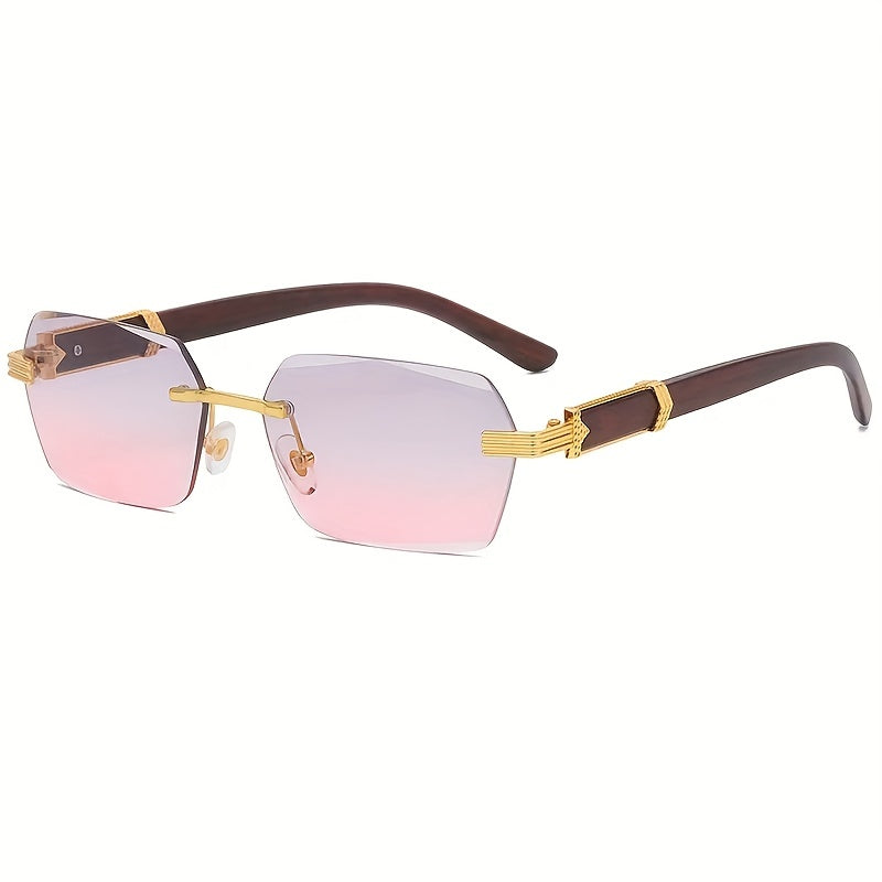 Rimless Sunglasses with Rectangular Lenses and Faux Wood Temples – Verro | Bowlift