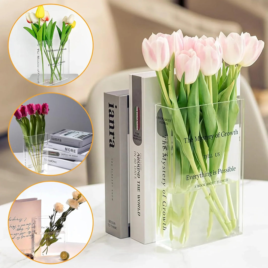 BowLift | Modern Clear Acrylic Book Vase – Transparent, Creative Flower Vase
