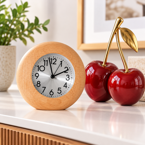 Solid Beech Wood Bedside Analog Alarm Clock with Silent Sweep Movement Bowlift