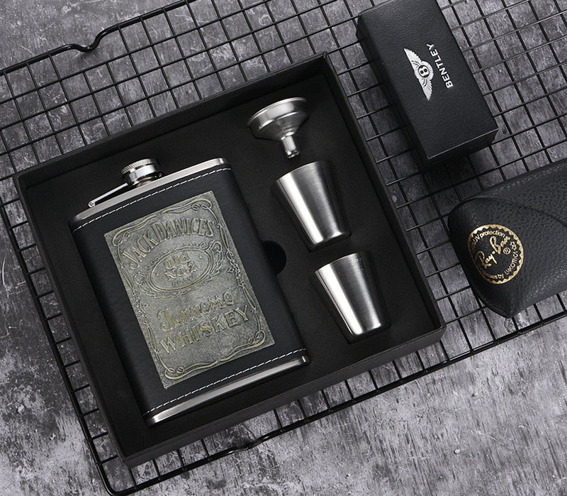 BowLift | 8oz Whisky Bottle made of Stainless Steel Alcohol Funnel Hip Flask Embroidered Golden Silk Fabric Packaging Gift Box Set