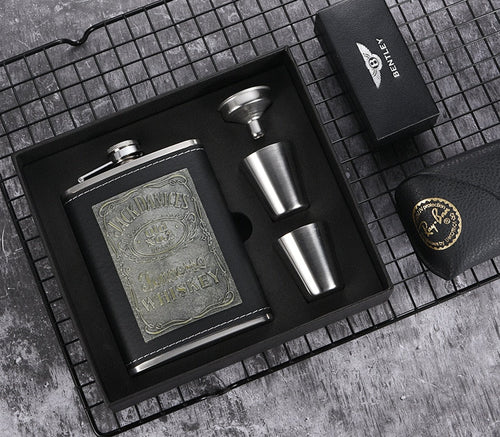 BowLift | 8oz Whisky Bottle made of Stainless Steel Alcohol Funnel Hip Flask Embroidered Golden Silk Fabric Packaging Gift Box Set