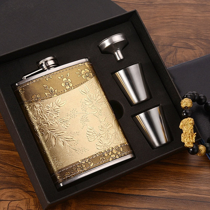 BowLift | 8oz Whisky Bottle made of Stainless Steel Alcohol Funnel Hip Flask Embroidered Golden Silk Fabric Packaging Gift Box Set
