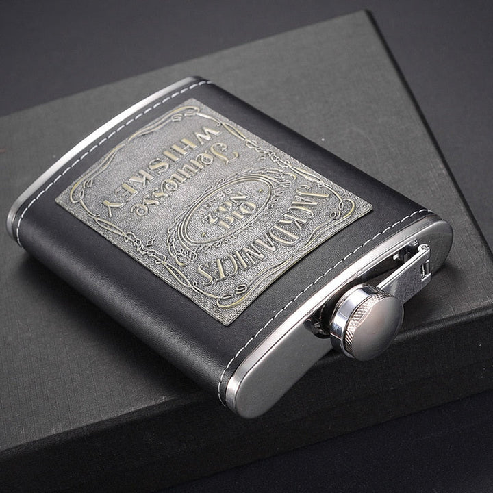 BowLift | 8oz Whisky Bottle made of Stainless Steel Alcohol Funnel Hip Flask Embroidered Golden Silk Fabric Packaging Gift Box Set