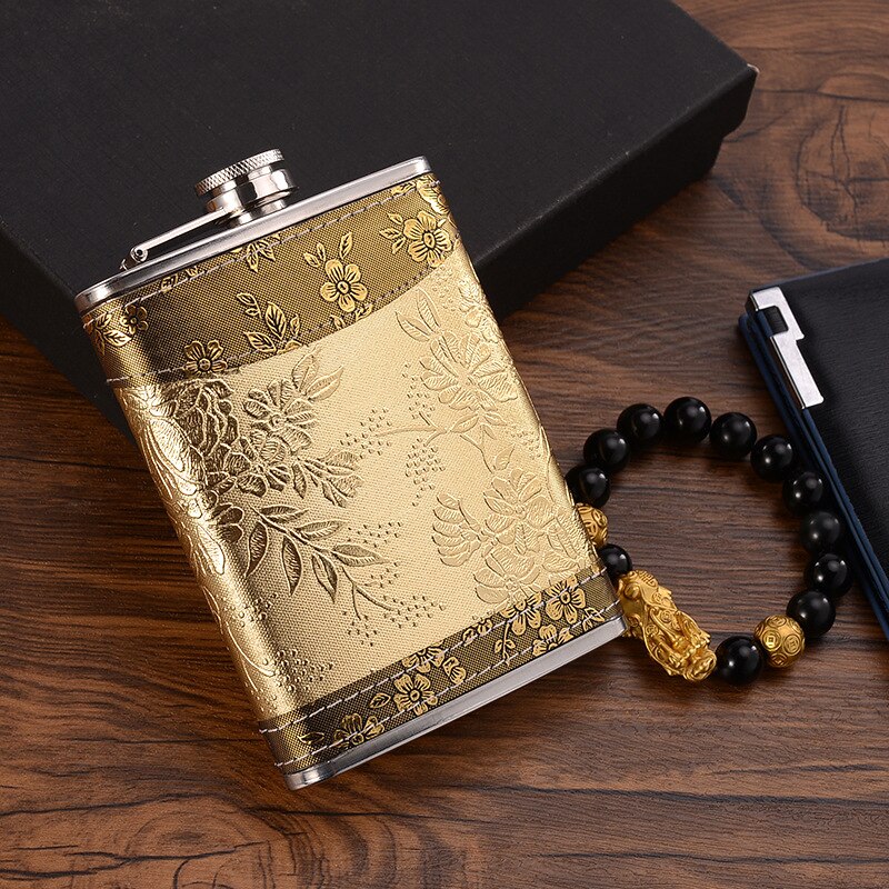 BowLift | 8oz Whisky Bottle made of Stainless Steel Alcohol Funnel Hip Flask Embroidered Golden Silk Fabric Packaging Gift Box Set