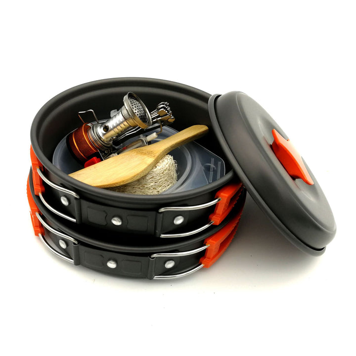 lightweight nesting camping cookware set with folding heat-resistant handles integrated compact stove and utensils Bowlift
