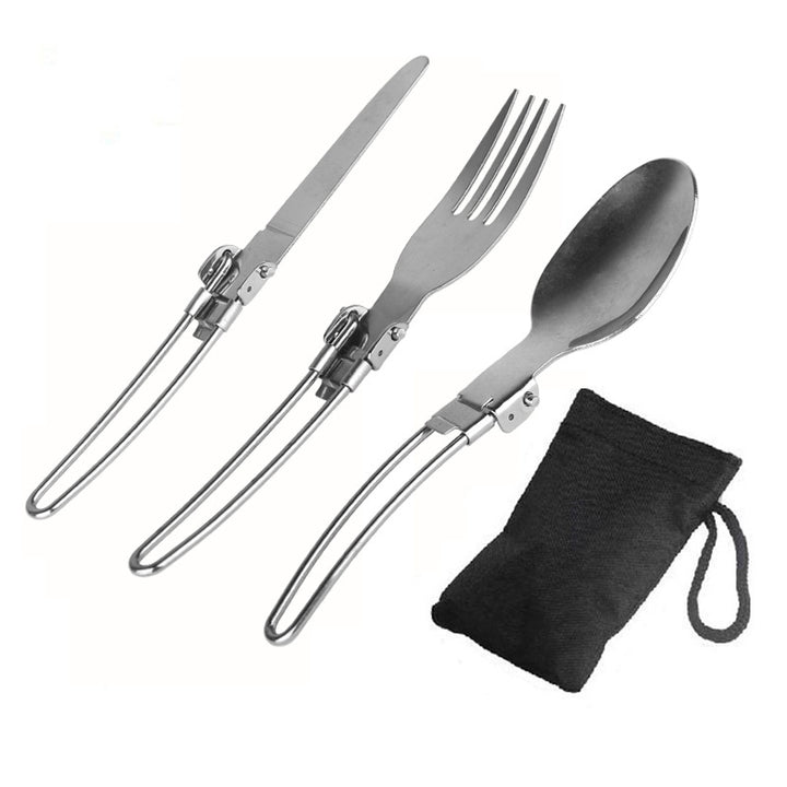 Foldable Stainless Steel Camping Cutlery Set with Locking Hinge and Carry Pouch Bowlift