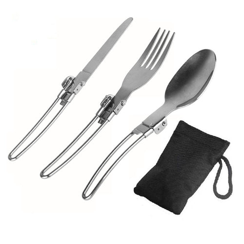Foldable Stainless Steel Camping Cutlery Set with Locking Hinge and Carry Pouch Bowlift