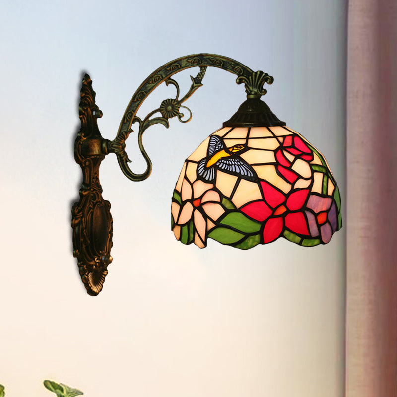 BowLift | Handmade glass bronze wall lighting Magpie and flowers 1 head Tiffany wall lamp fixture