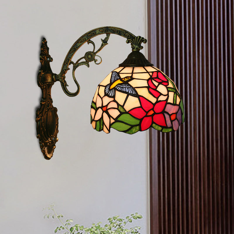 BowLift | Handmade glass bronze wall lighting Magpie and flowers 1 head Tiffany wall lamp fixture