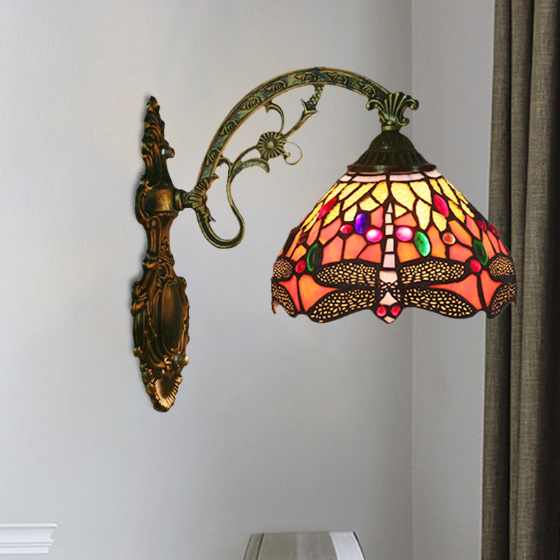 BowLift | 1-Head Bedroom Wall Mounted Lamp Tiffany Bronze Wall Light with Cone Dragonfly Pattern Glass Shade
