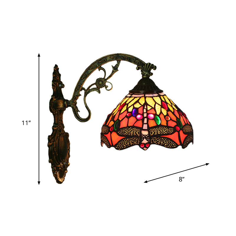 BowLift | 1-Head Bedroom Wall Mounted Lamp Tiffany Bronze Wall Light with Cone Dragonfly Pattern Glass Shade