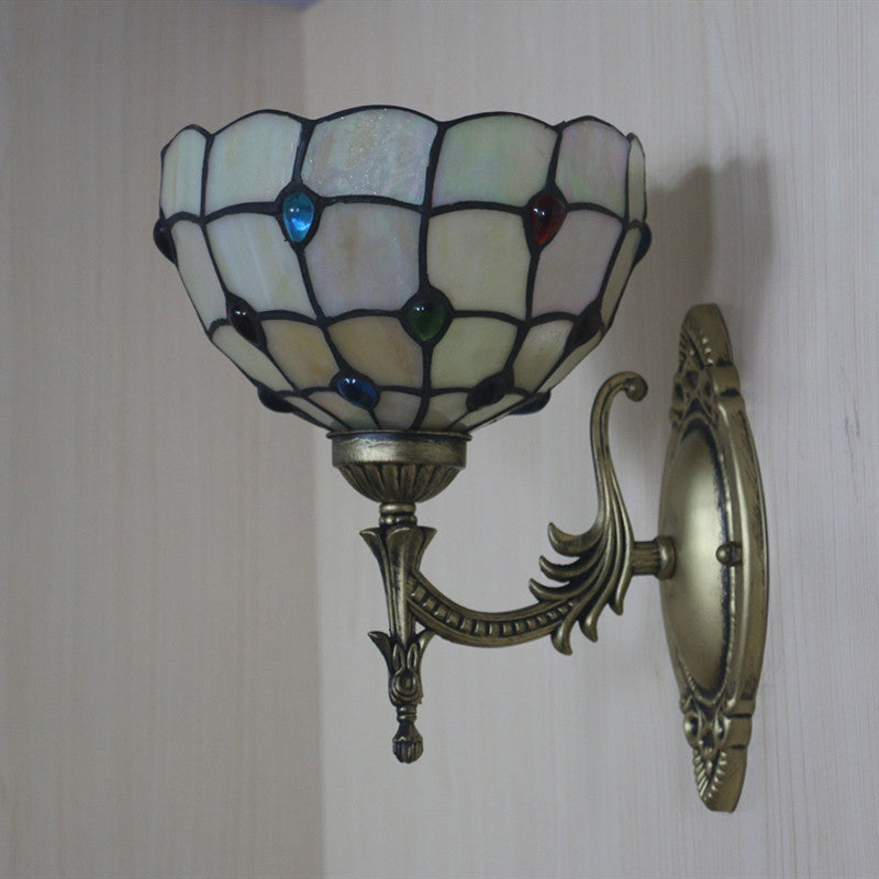 BowLift | Flower/Bowl Wall-Mounted Light Tiffany Beige/Yellow Glass 1-Bulb Bronze Finish Wall Switch Light