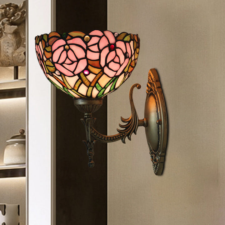BowLift | Pink Wall Mounted Lighting Tiffany 1 Lamp Glazed Glass Wall Lamp with Bronze Engraved Arm