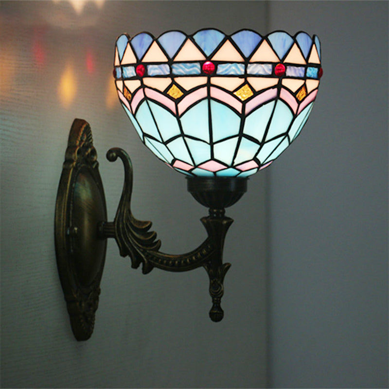 BowLift | 1-Light Bedroom Wall Light Mediterranean Bronze Wall Sconce Fixture with Bowl Blue Glass Shade