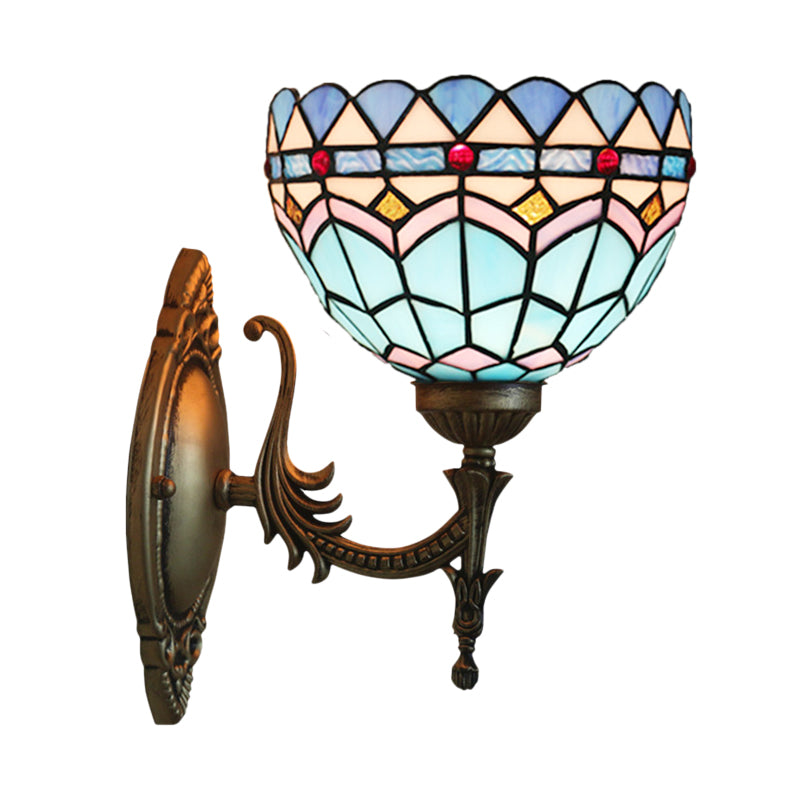 BowLift | 1-Light Bedroom Wall Light Mediterranean Bronze Wall Sconce Fixture with Bowl Blue Glass Shade