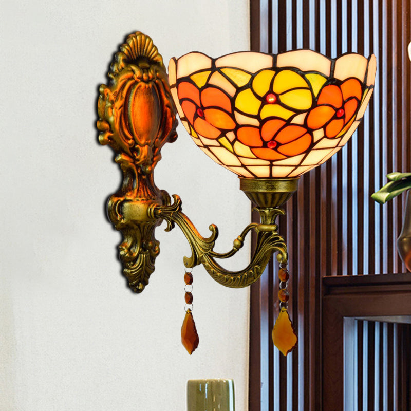 BowLift | Leaf Pattern Bowl Stained Glass Wall Lamp Tiffany 1 Head Orange/Purple/Red Wall Mount