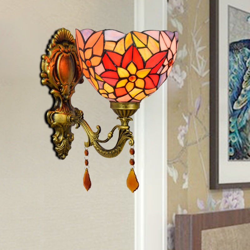 BowLift | Leaf Pattern Bowl Stained Glass Wall Lamp Tiffany 1 Head Orange/Purple/Red Wall Mount