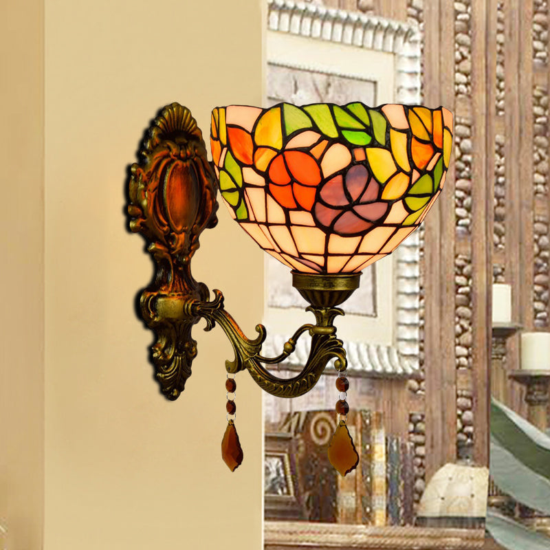 BowLift | Leaf Pattern Bowl Stained Glass Wall Lamp Tiffany 1 Head Orange/Purple/Red Wall Mount