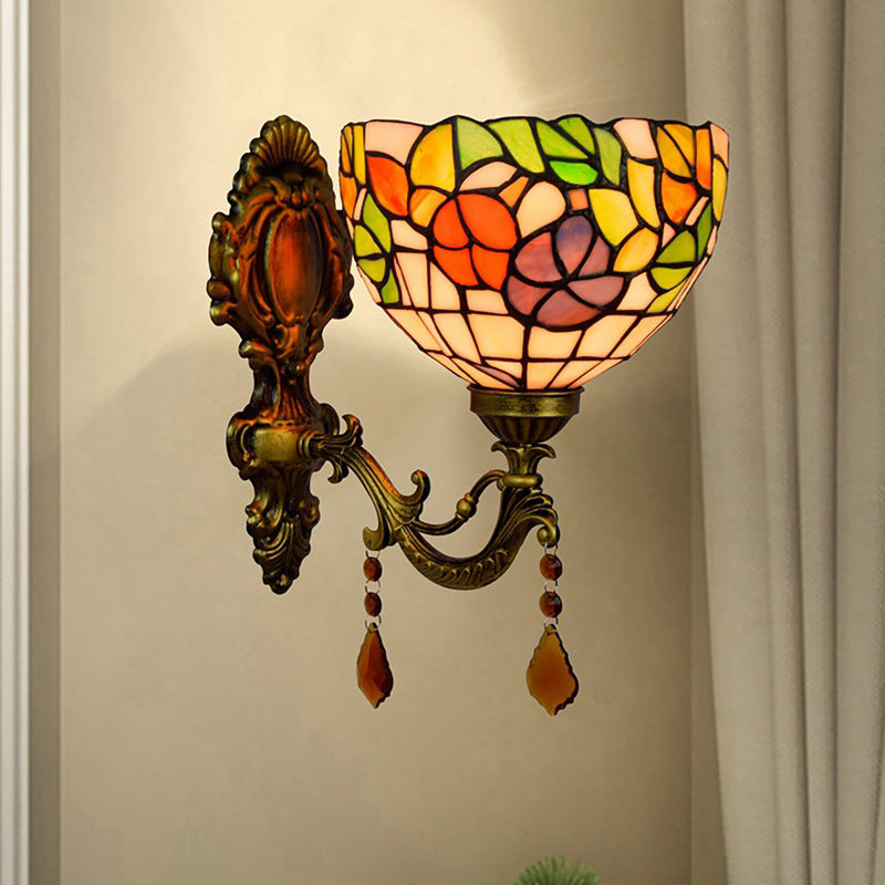 BowLift | Leaf Pattern Bowl Stained Glass Wall Lamp Tiffany 1 Head Orange/Purple/Red Wall Mount