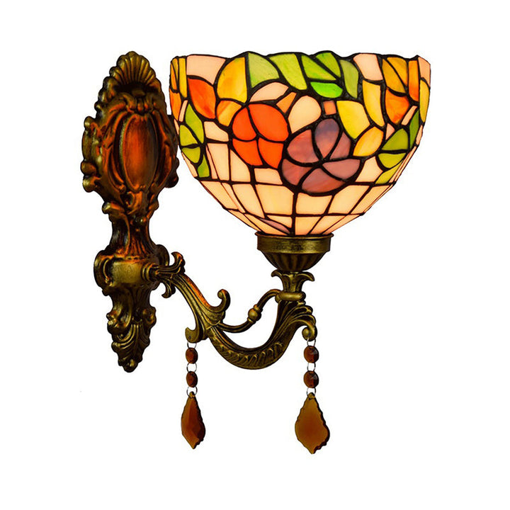 BowLift | Leaf Pattern Bowl Stained Glass Wall Lamp Tiffany 1 Head Orange/Purple/Red Wall Mount