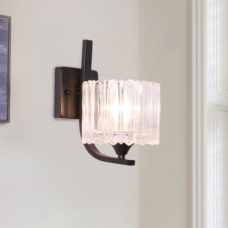 BowLift | 1 Light Trapeze/Vase/Drum Wall Lamp Sconces Post Modern Black Metal Wall Mount Light with Clear Glass Shade