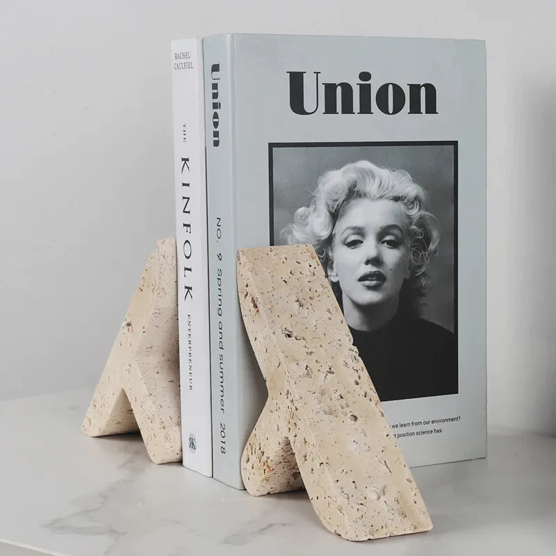 BowLift | Elegant Travertine Bookends for Shelves