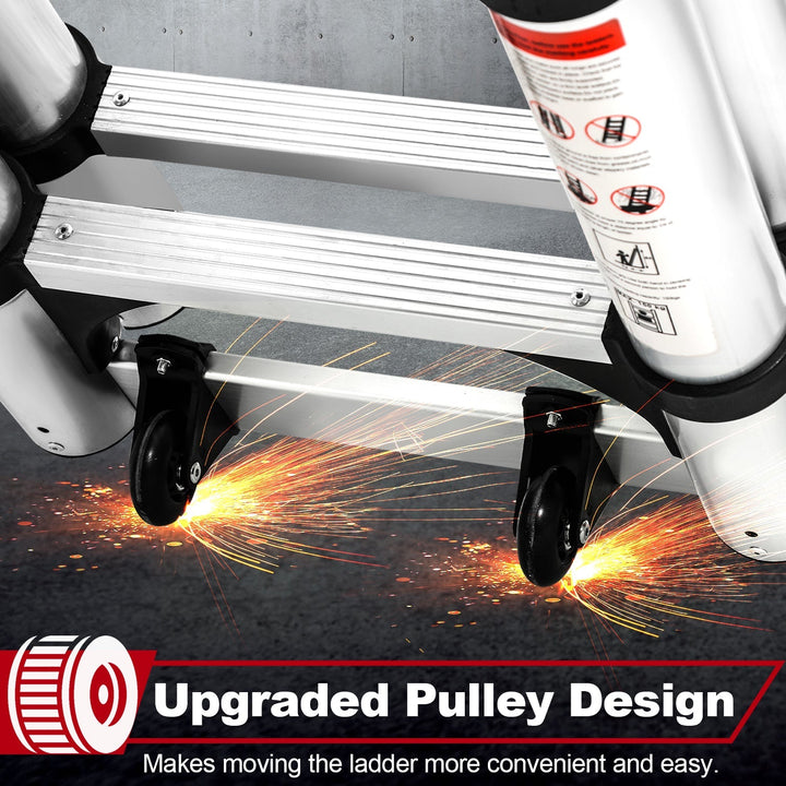 5M Aluminum Telescopic Ladder Folding Ladder with Wheels and Triangle Stabilizer | Bowlift