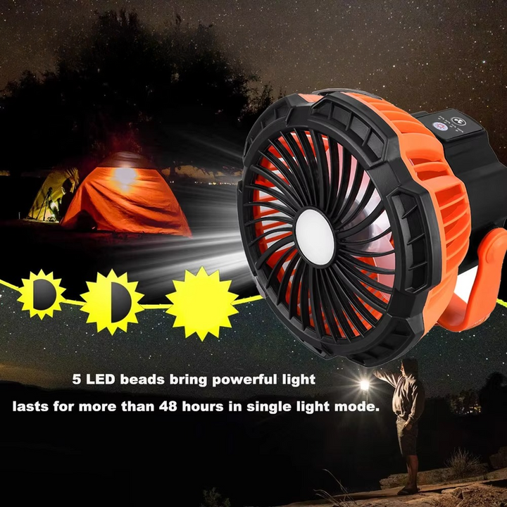 BowLift | Rechargeable Camping Fan with LED Light, Remote Control and Hanging Hook